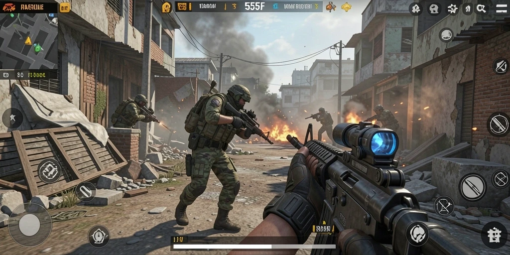 Menampilkan aksi menegangkan dari gameplay 555F di medan perang.