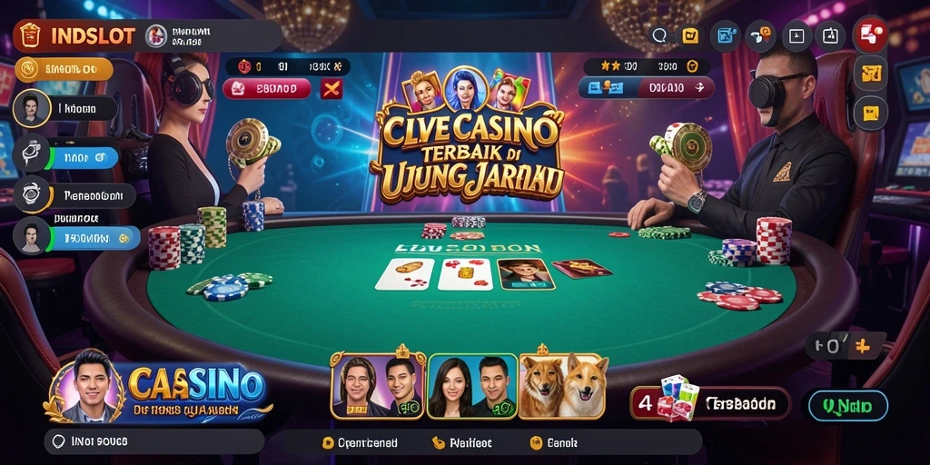 Screenshot gameplay INDSLOT menampilkan suasana kasino yang hidup dan dealer profesional.