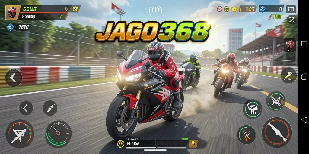 Gameplay seru JAGO368 dengan balapan motor yang intens.
